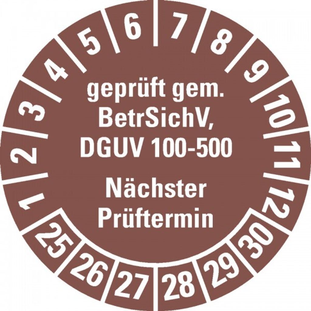 Dreifke Aufkleber I Prüfpl.gep.gem.BetrSichV, DGUV 100-500, NP, 25-30, braun...