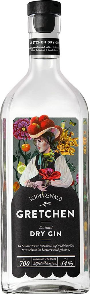 A bottle of Gretchen Dry Gin with a label featuring an illustration of a woman in traditional attire surrounded by flowers and fruit.