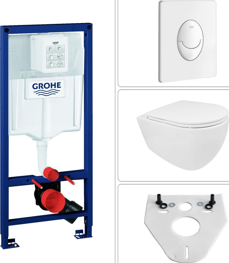 BB INFINITY Wand WC spülrandlos mit SoftClose WC-Sitz & Grohe Vorwandgestell + Betätigungsplatte, weiß