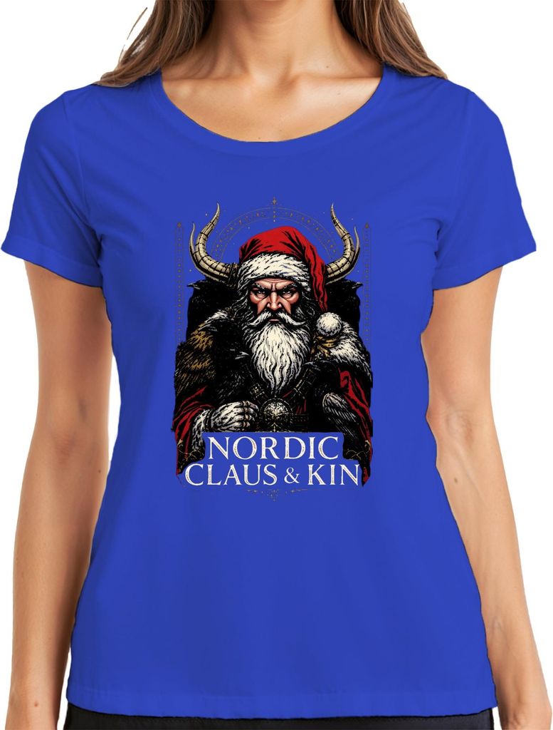 Nordic Claus Kin Wikinger Weihnachtsmann Hornhelm Raben Bart Damen T-Shirt, Blau, L