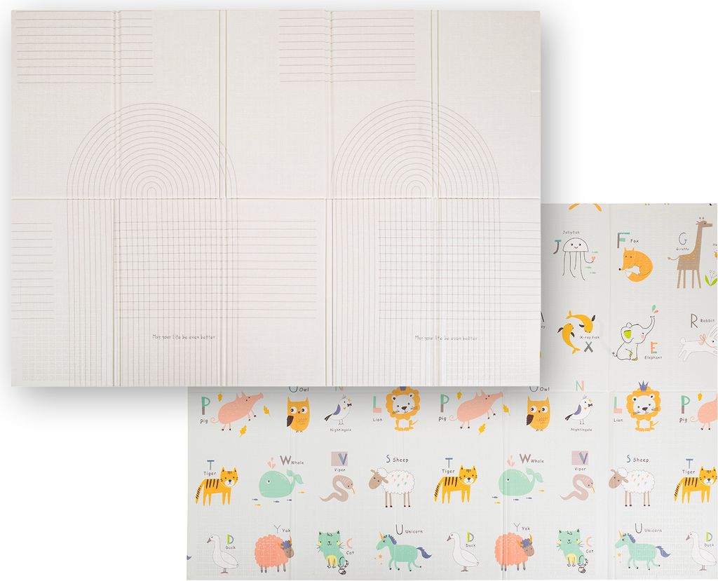 A folded play mat with two different sides shown. One side has a geometric pattern, and the other has alphabet letters and cartoon animals.