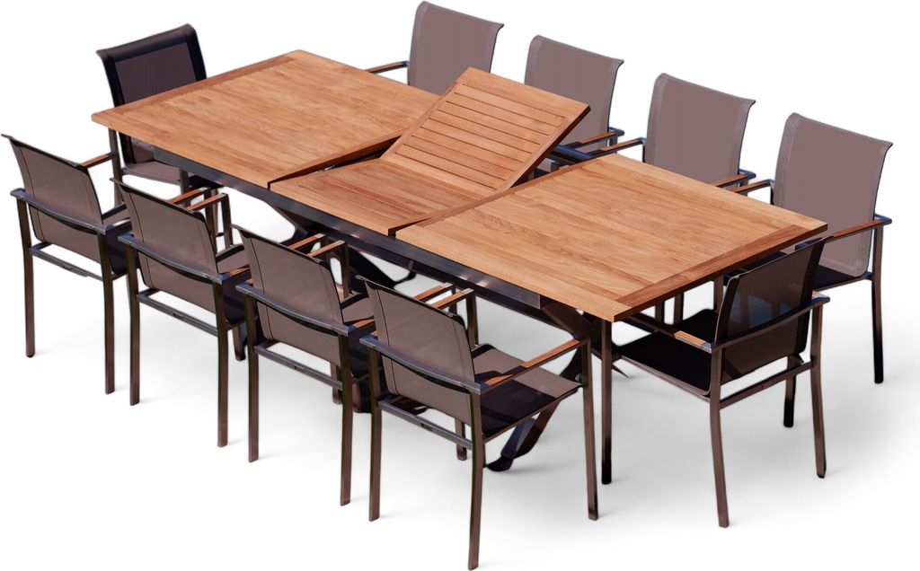 ALEOS. Gartengarnitur Edelstahl Teak Set: Ausziehtisch 200-260x100 cm + 10 stapelbare Sessel Edelstahl Teak Gewebe braun taupe Sitzgruppe A-Grade T...
