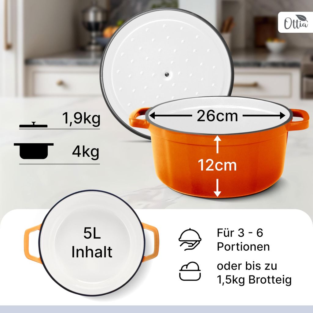 OTTIA Gusseisen Topf, 3-lagige Emaille, 26cm Groß, Produktbild-Vorschau 9