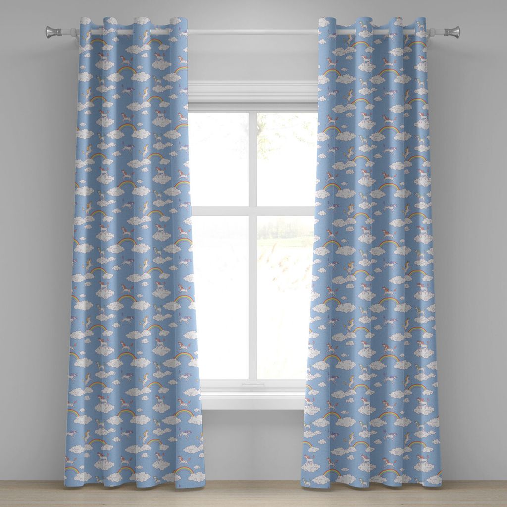 ABAKUHAUS Kindergarten Ösenvorhang, Nette mythische Geschöpfe, die Wolken mit Regenbogen-Einhorn gehen und springen, Dekorative 2-Panel-Fenstervo...