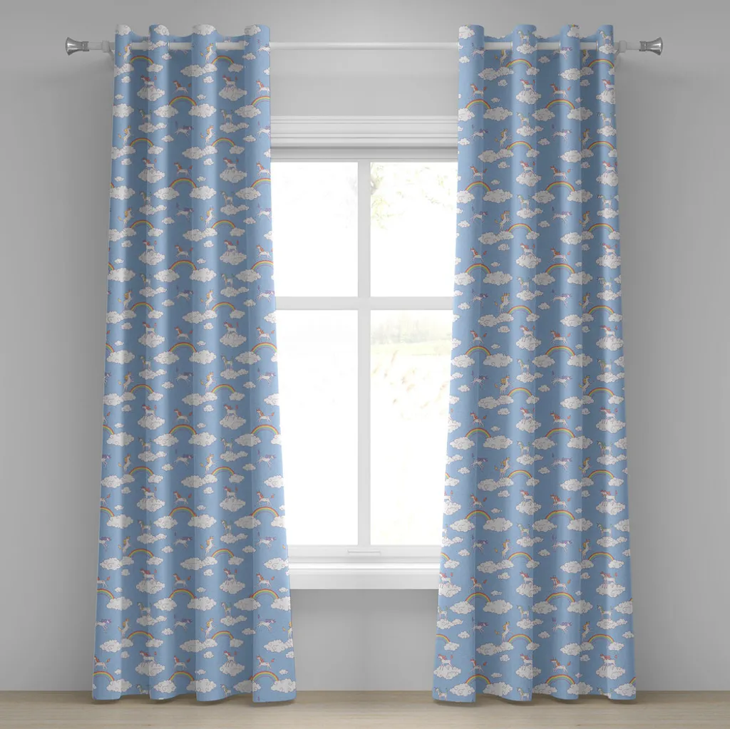 Décoration Fenêtre Enfant : Rideau Licorne Arc-en-ciel en Tissu Bleu Ciel