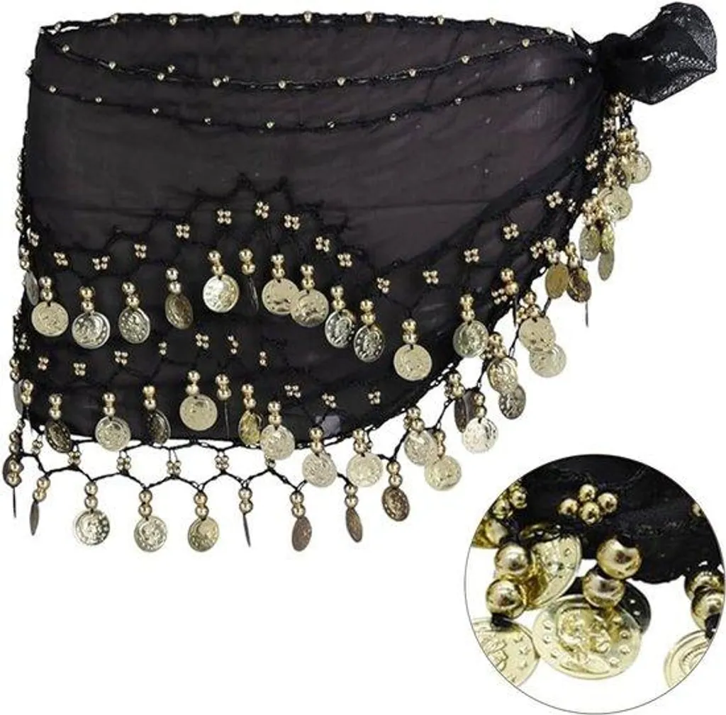 Ceinture danse orientale noire perlée à 3 rangées de pièces sonores