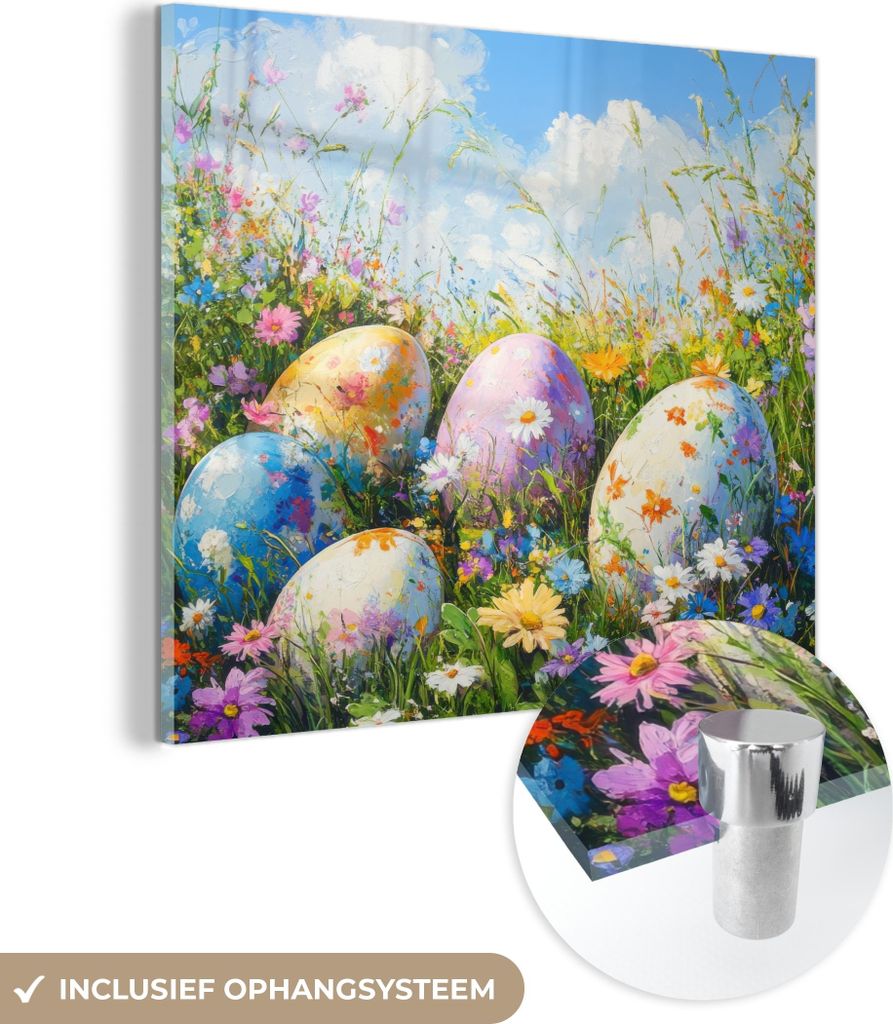 MuchoWow Glasbilder - Bilder auf Wandbild - Foto auf Glas Rasen - Eier - Blumen 40x40 cm Wanddekoration aus Glas - Acrylglasbild - Acrylbilder