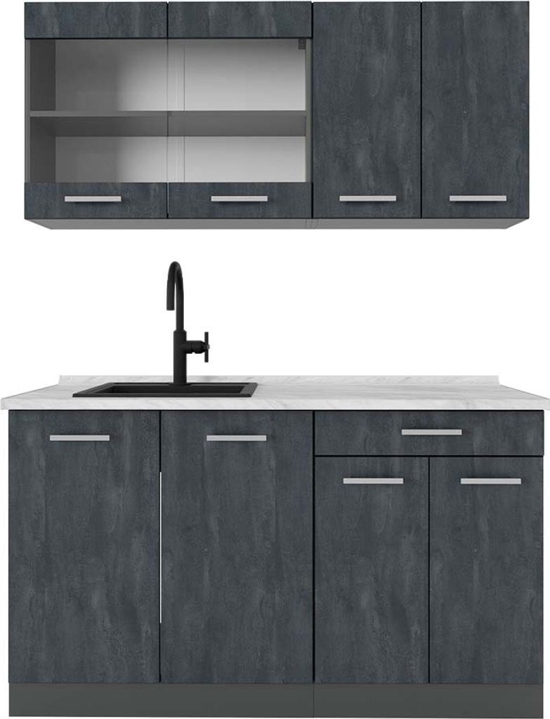 Singleküche Vicco R-Line Schwarz Beton 140 cm AP Marmor, Model 47427