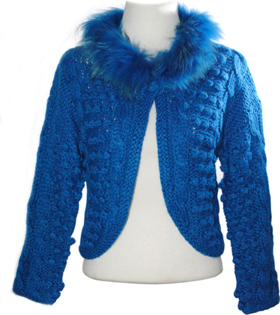 106037 Passport Damen Cardigan Blau Gr. 42 – 100% Racoon, mit abnehmbarem Fellkragen