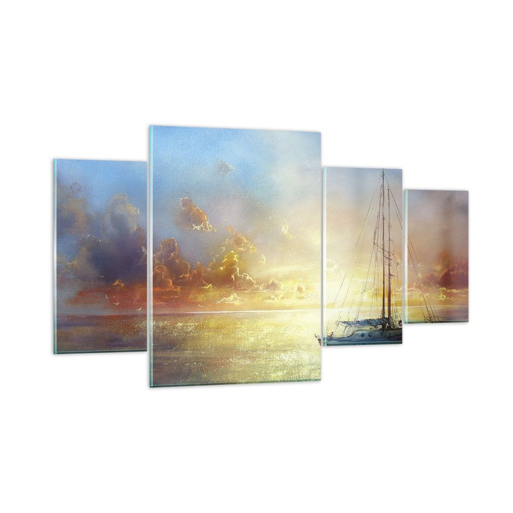 Bilder auf glas - 4 Teile - Segelboot Westen die Sonne - 160x90cm - Glasbilder - Wandbilder - Bilder - zum Aufhängen bereit - Wanddekoration aus G...