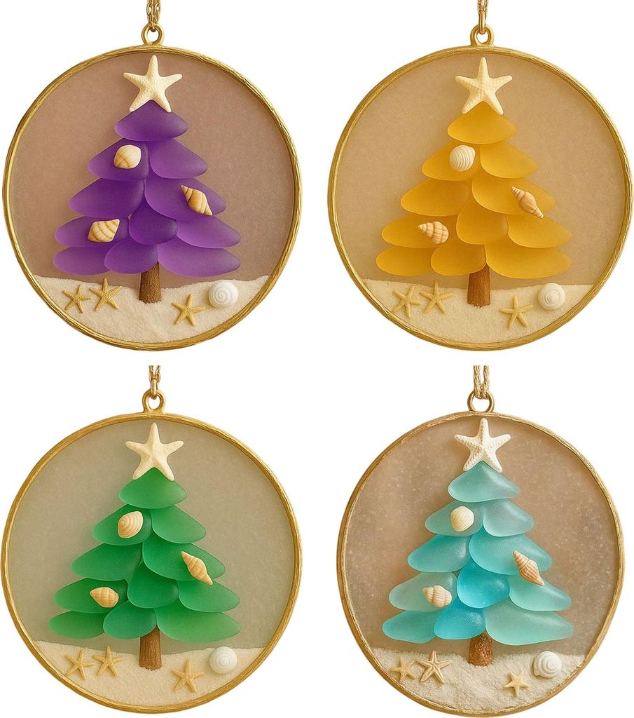 2/4 Stück Weihnachtsbaumschmuck, runde Form, handgefertigt, Stranddekoration mit Seestern-Muschel-Dekor, Auto-Hängedekoration