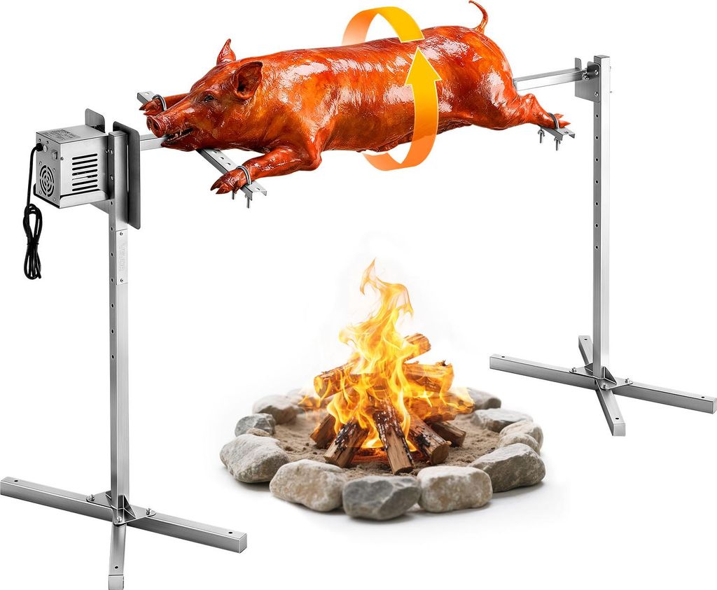 A whole roasted pig on a rotisserie grill over a campfire.