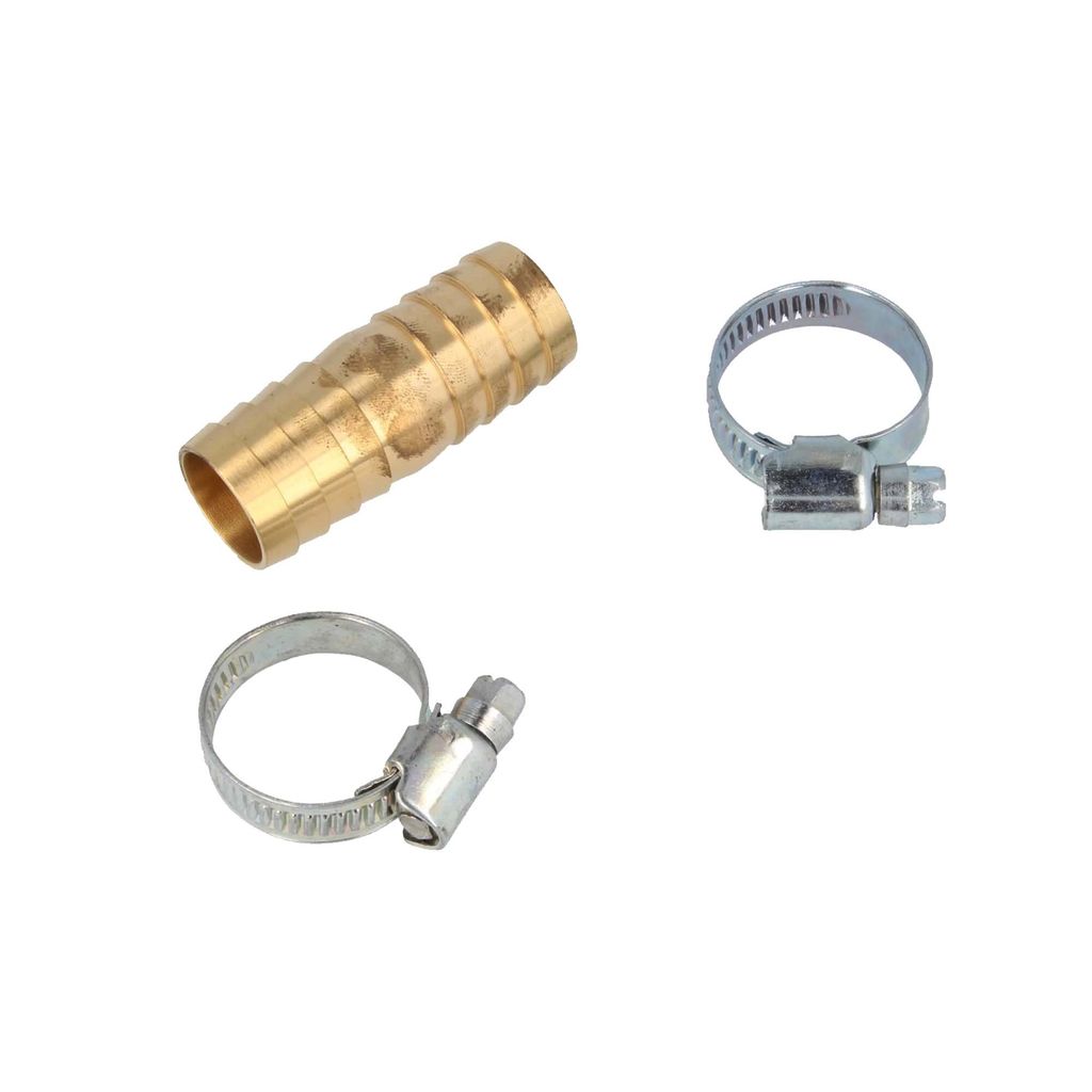 A brass hose connector and two metal hose clamps are arranged on a white background.