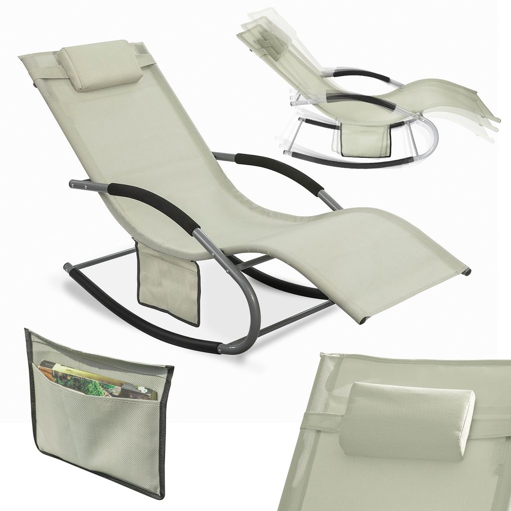 A collage of images showing a beige rocking lounge chair from different angles, including a close-up of a side pocket and a headrest.