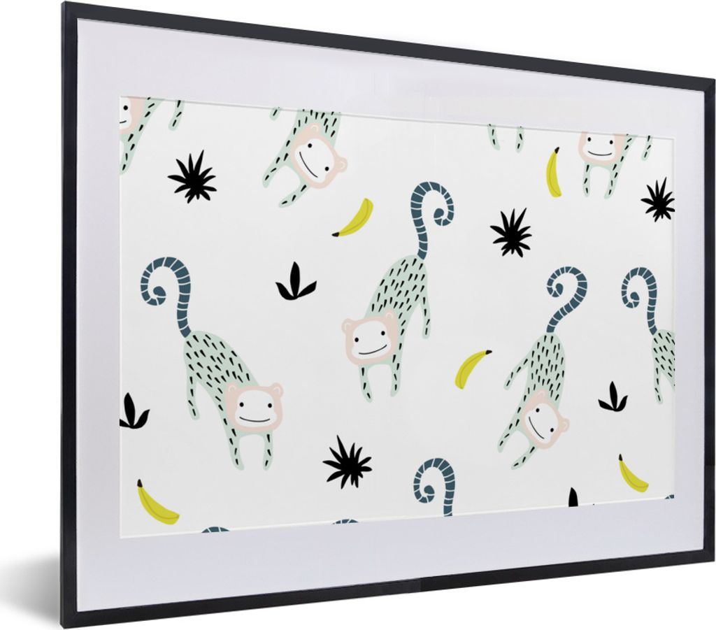 MuchoWow MuchoWow Gerahmtes Poster Affen - Obst - Weiß 40x30 cm - Poster mit zchwarzem Bilderrahmen - Bilderrahmen - Poster im Rahmen