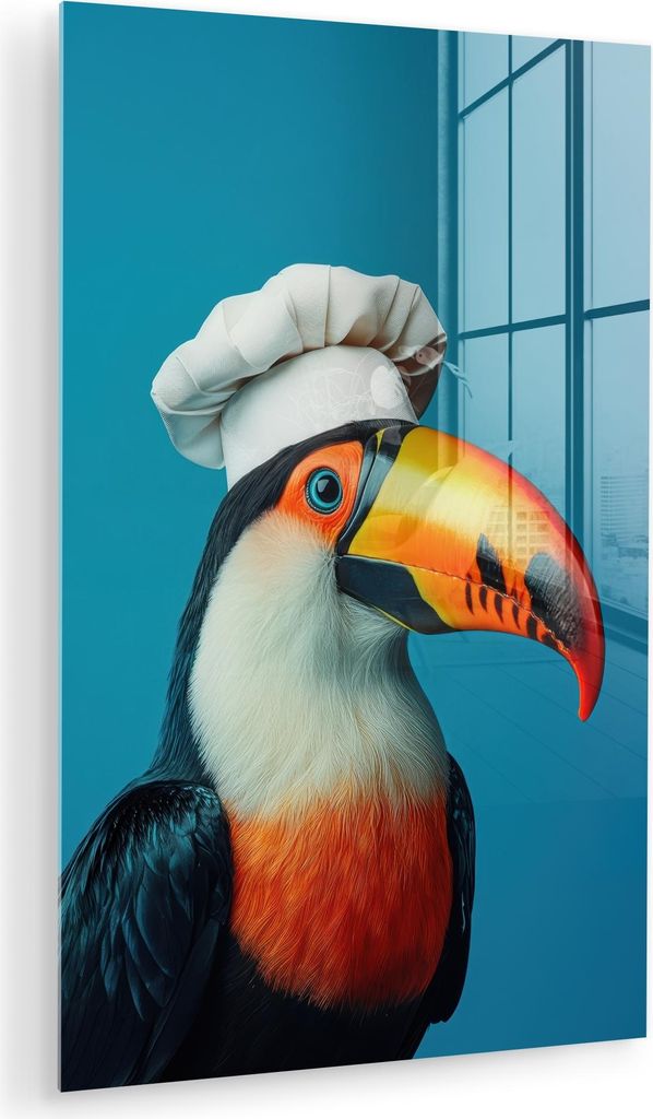 MuchoWow Glasbilder - Bilder auf Wandbild - Foto auf Glas Tukan - Papagei - Vogel - Kochmütze 80x120 cm Wanddekoration aus Glas - Acrylglasbild - ...