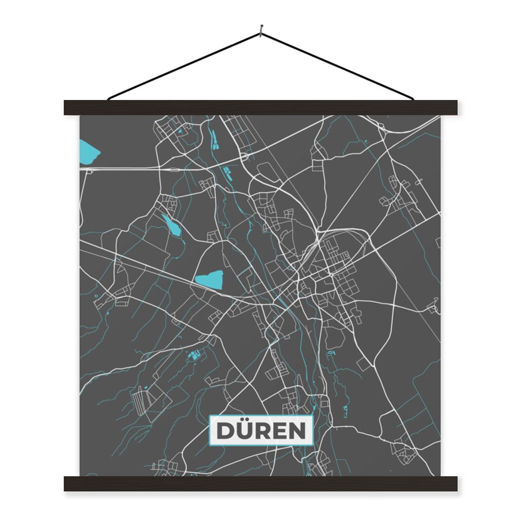 MuchoWow Textilposter Deutschland - Blau - Düren - Stadtplan - Karte 60x60 cm mit schwarzem Rahmen - Posteraufhänger