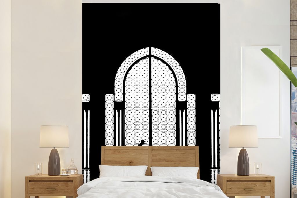 MuchoWow Fototapete für Wohnzimmer oder Schlafzimmer Wandtapete Vinyl Motivtapete Schwarz - Weiß - Fenster - Mensch - 145x220 cm - Wanddekoration