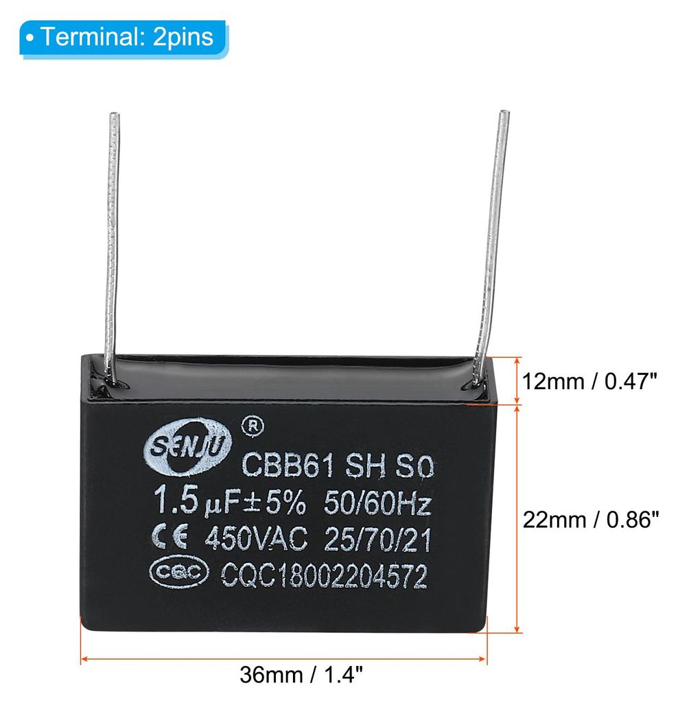 2 Stš¹ck CBB61 Deckenventilator Kondensator 1.5uF 450V AC 50/60HZ mit 2 Stifte 36x12x22mm fš¹r Klimaanlage Lš¹ftermotor Star Laufen Kondensat...