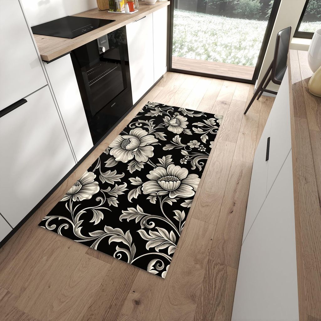 Küchenteppich 90x180cm rutschfest & abwischbar PVC Läufer - Blumenmuster Schwarz