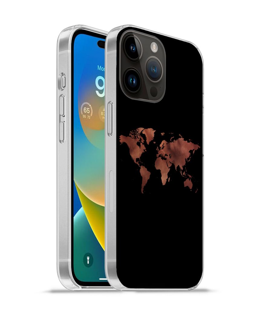 MuchoWow Handyhülle Schutzhülle Hülle für Apple iPhone 14 Pro - Softcase Weltkarte - Leder - Schwarz Silikon Softcase Handy Hülle - Umschlag