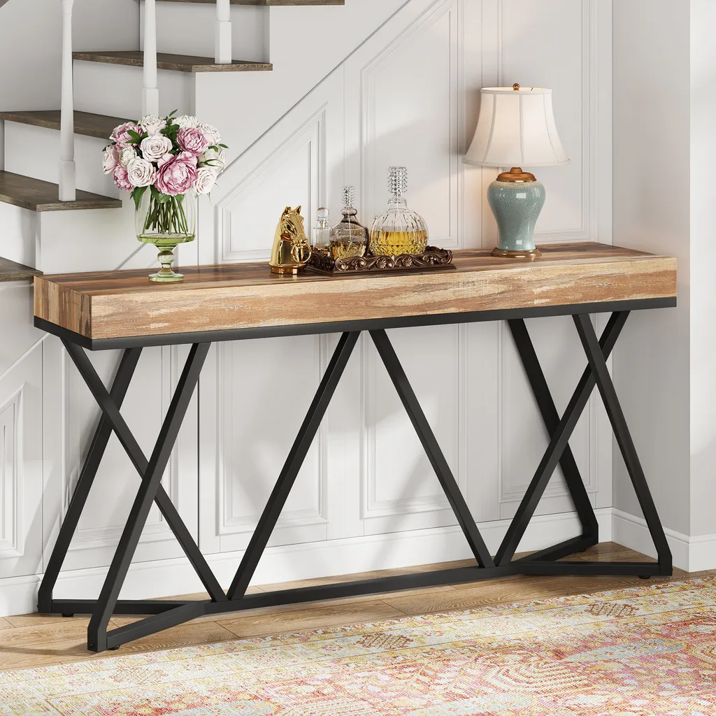 Tribesigns Table Console 140cm Style Ferme avec Socle Métallique Unique - 6