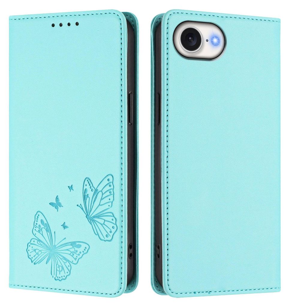 Lederhülle für iPhone 16E, Schmetterling Prägung Leder Brieftasche Schutzhülle mit Ständer Türkis