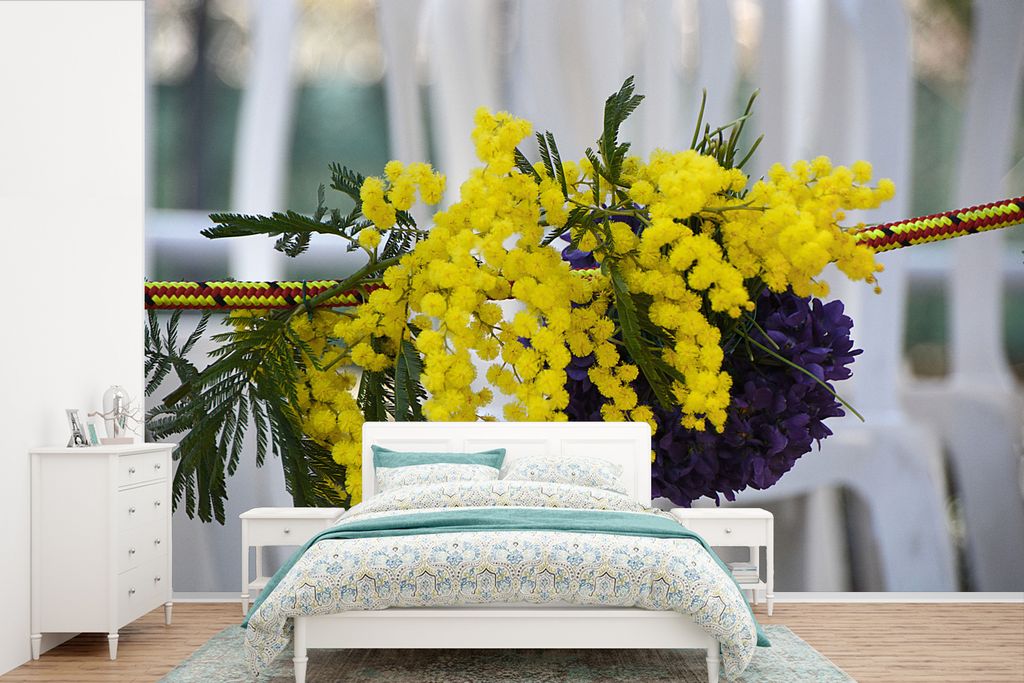 MuchoWow Fototapete für Wohnzimmer oder Schlafzimmer Wandtapete Vinyl Motivtapete Ein gelber Strauß aus Mimosenblüten - 390x260 cm - Papiertapete