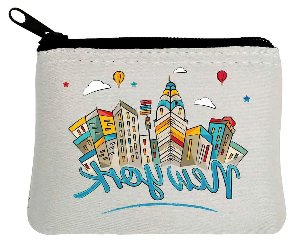 New York Skyline Bunte Skizze Kunst Neopren Münzgeldbeutel 12 x 9 cm Weiß