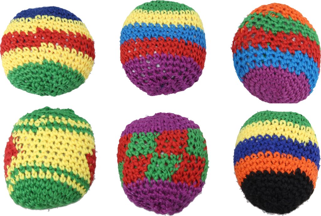 Six colorful crocheted balls arranged in two rows of three against a white background.