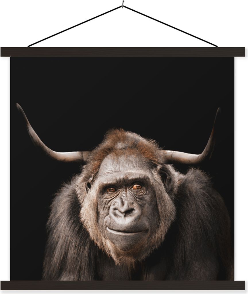 MuchoWow Textilposter Affe - Gorilla - Schottisches Hochlandrind 90x90 cm mit schwarzem Rahmen - Magnetisches
