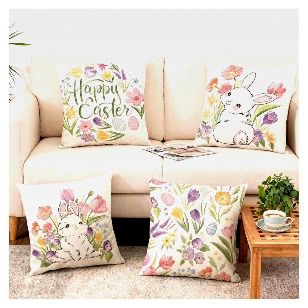 4er Set Kissenbezüge Ostern 45x45 Leinenoptik - Hase & Blumen Motive - Dekokissen Für Sofa & Wohnzimmer - Osterdeko Frühling