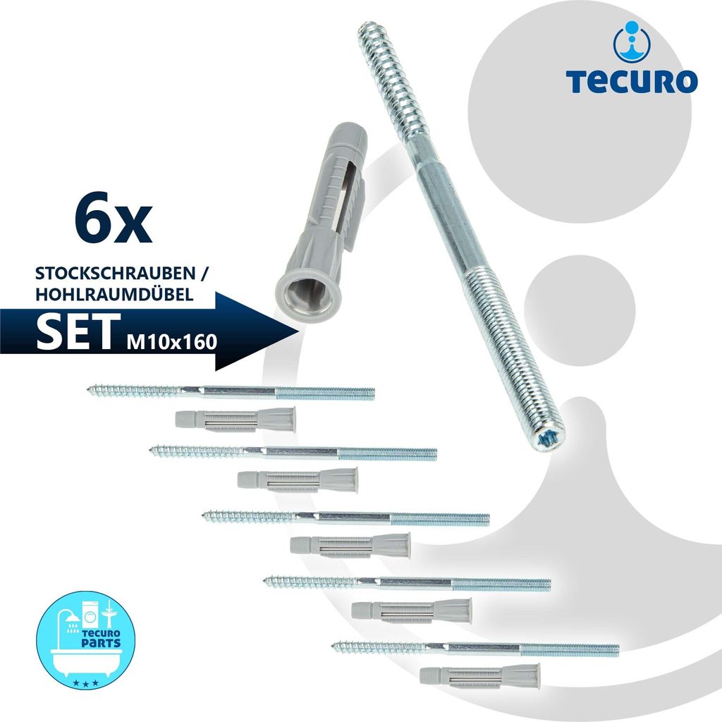 tecuro Stockschraube M 10 x 160mm, Stahl verzinkt mit Dübel 12,0 x 71mm - VPE 6 Stück