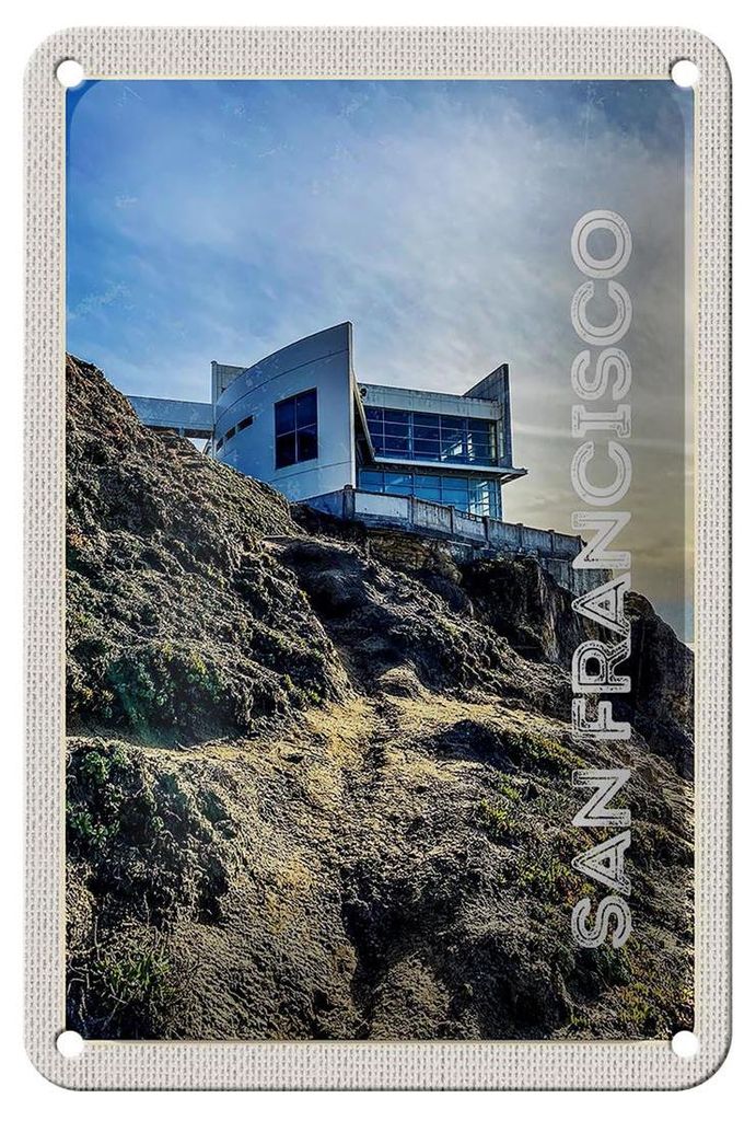 Blechschild Reise 12x18cm San Francisco Gebäude Gebirge Aussicht Schild
