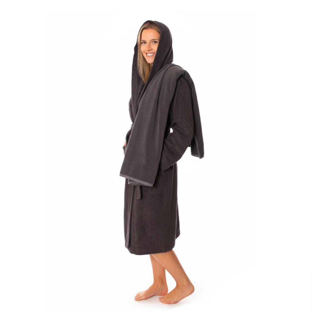 Anthrazit Set M + Saunatuch: Lavea Mexico Set Anthrazit - Saunatuch 80x200 + Bademantel Damen/Herren M, Frottee Baumwolle, Kapuze & Gürtel,