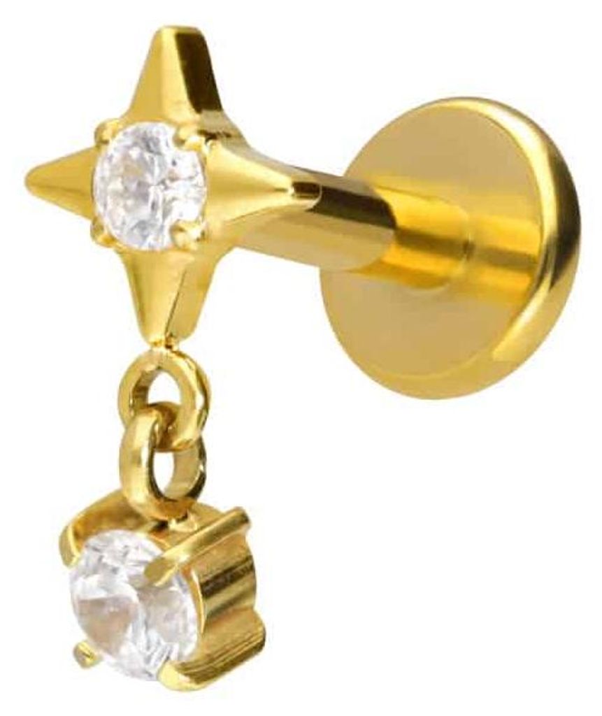 Ohrpiercing, Nasenpiercing Titan Labret mit Innengewinde STERN + KRISTALL Gold Stablänge: 6mm | Stabstärke: 1,2mm
