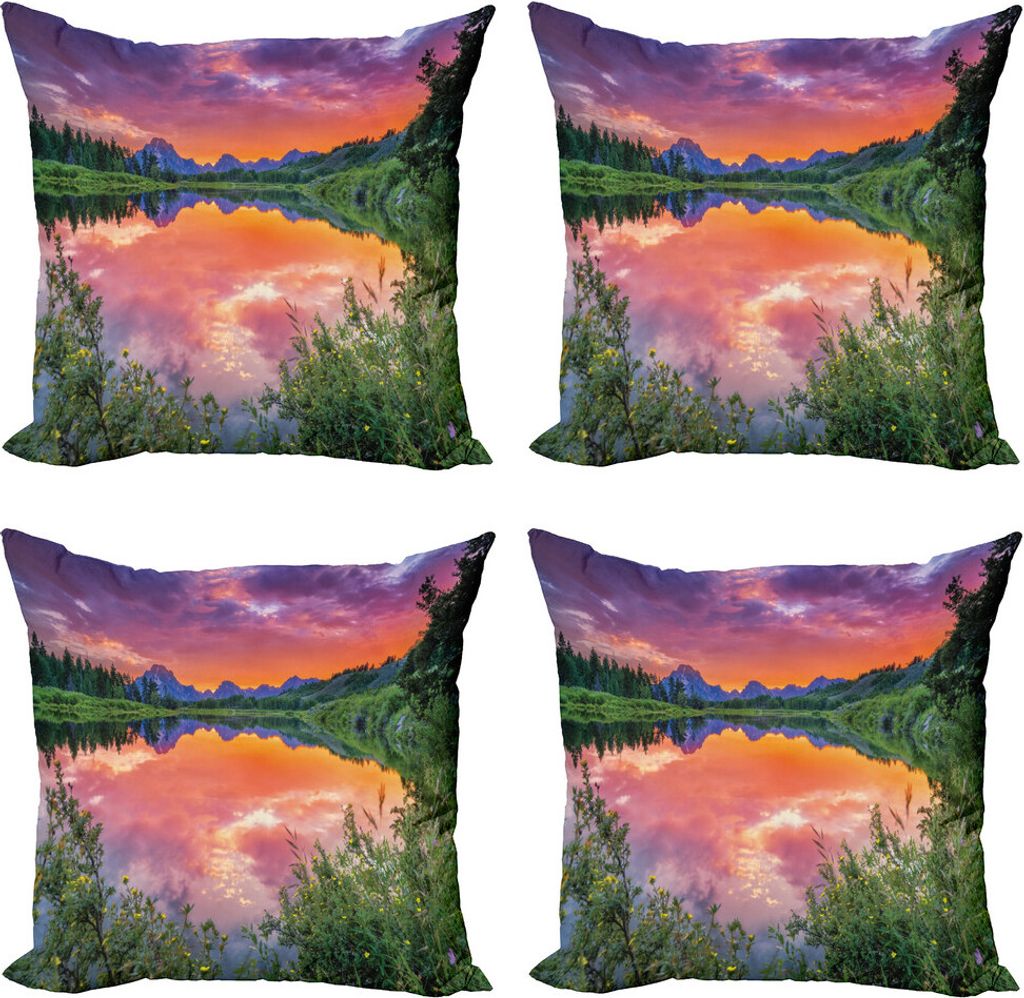 ABAKUHAUS Berg Kissenbezug Set (4 Stück), Sonnenuntergang, Spiegelung, Fluss, Moderner Doppelseitiger Digitaldruck, 45 cm x 45 cm, Orange, Grün, ...