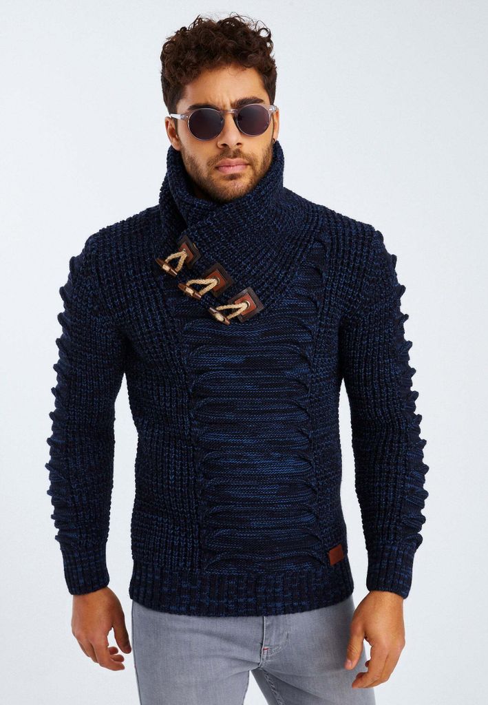 Leif Nelson Schalkragen Herren Strickpullover Grobstrick Schalkragen LN-5575, Blau / XXL