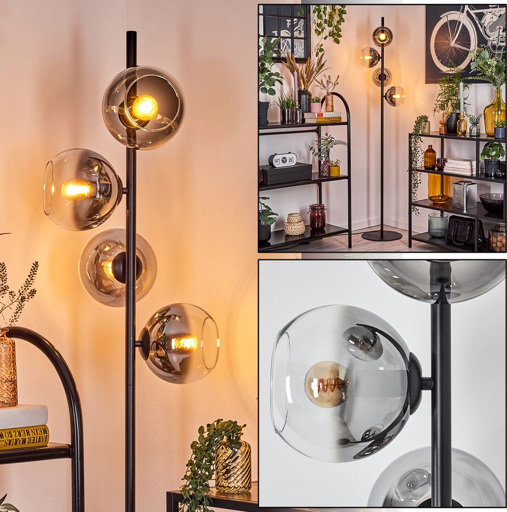 Cesaro Stehlampe aus Metall/Glas in Schwarz/Rauchfarben/Klar mit Fußschalter