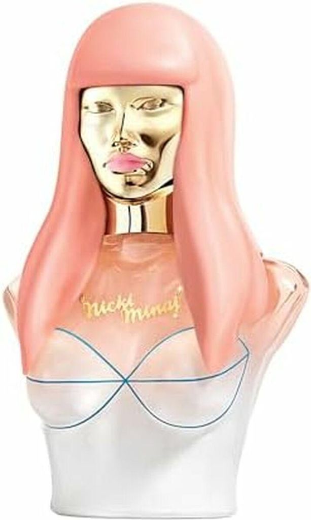 A perfume bottle shaped like a bust with a gold face and pink hair.