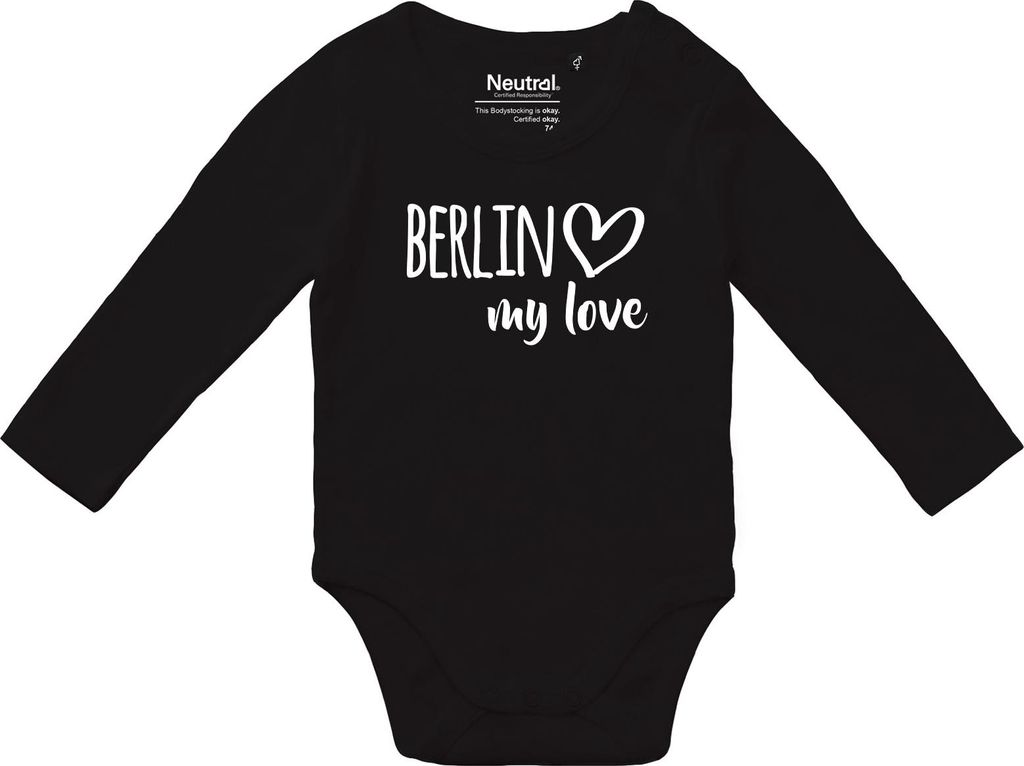 Huuraa Baby Body Berlin my love 80 Black Baumwolle Fairtrade Langarmbody Geschenkidee