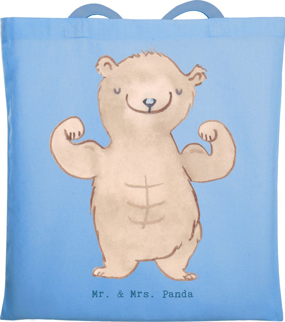Mr. & Mrs. Panda Jutebeutel Bär Bodybuilding - Sky Blue - Geschenk, Shopping Tasche, Muskelmasse, Körpergestaltung, Sport, Schultasche, Laptoptas...