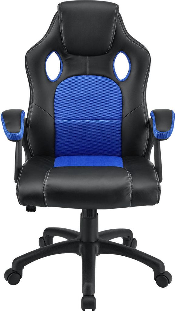A black and blue gaming chair with a white background.