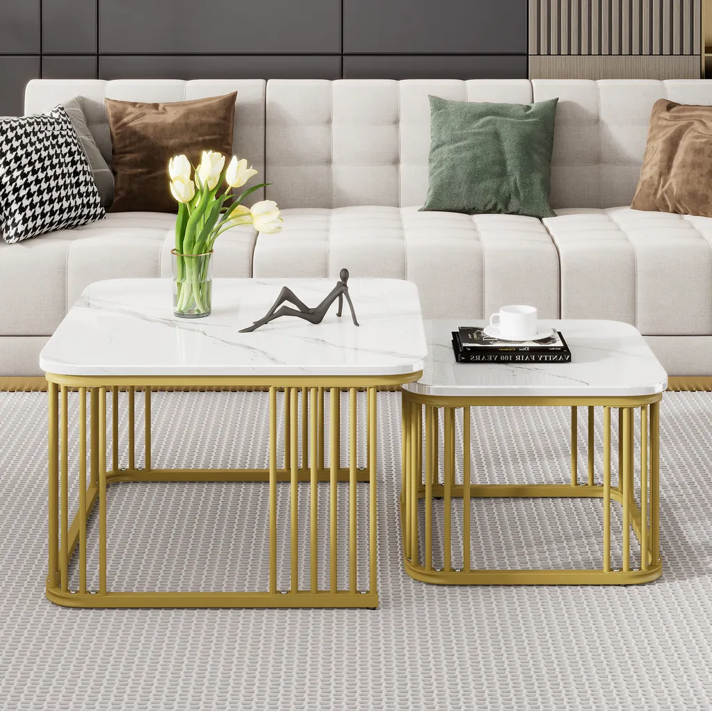 Table d'Appoint Haute Brillance Effet Marbre et Cadre Métal Robuste