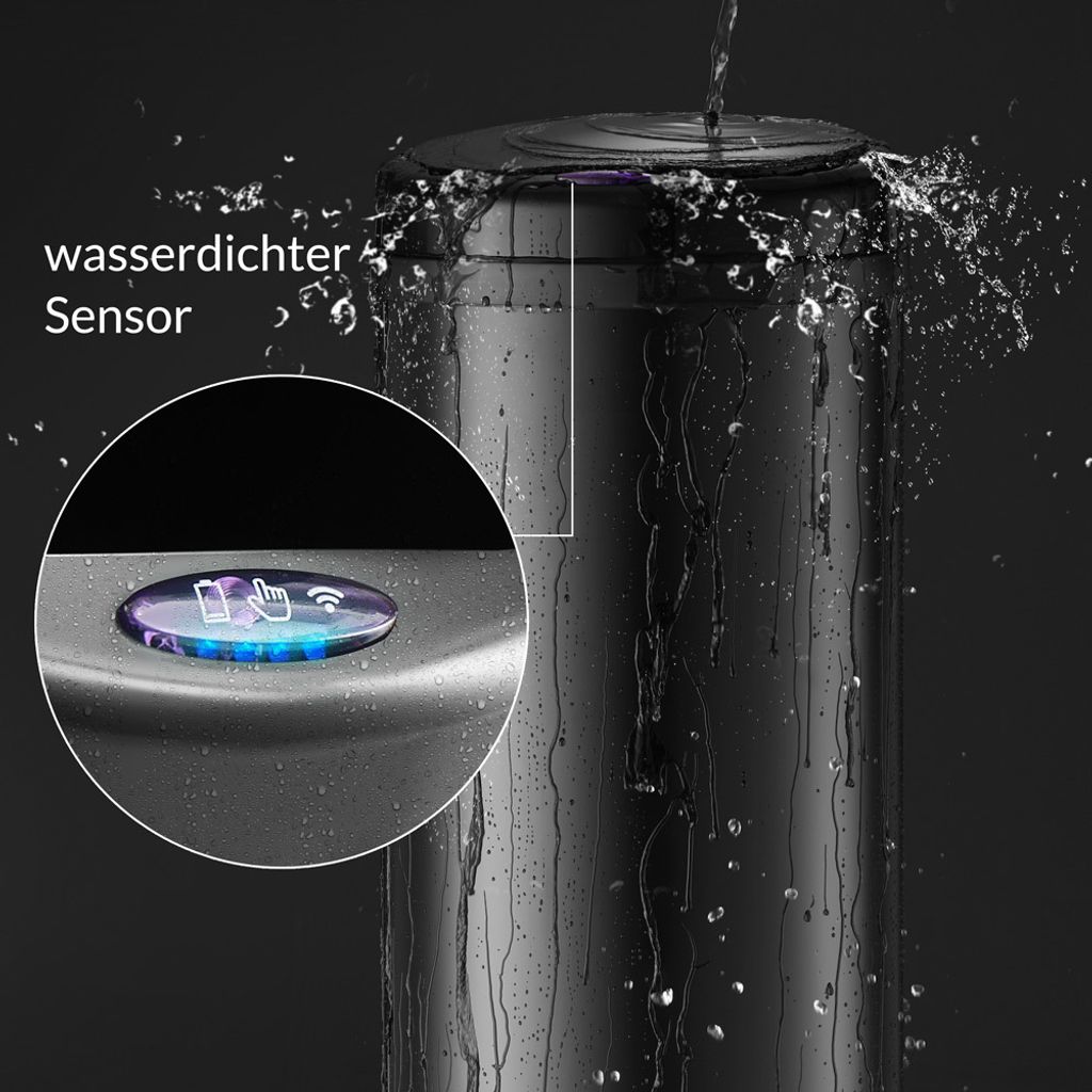 A close-up of a black sensor trash can with water splashing on it, highlighting its waterproof feature. A magnified view shows the sensor button with illuminated icons.