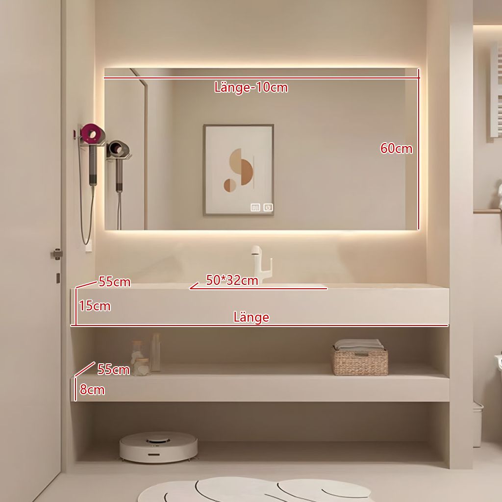 Waschbecken mit LED-Spiegel Waschbecken aus Sinterstein mit Ablageplatte Beige 120*55cm 【CB303-120】