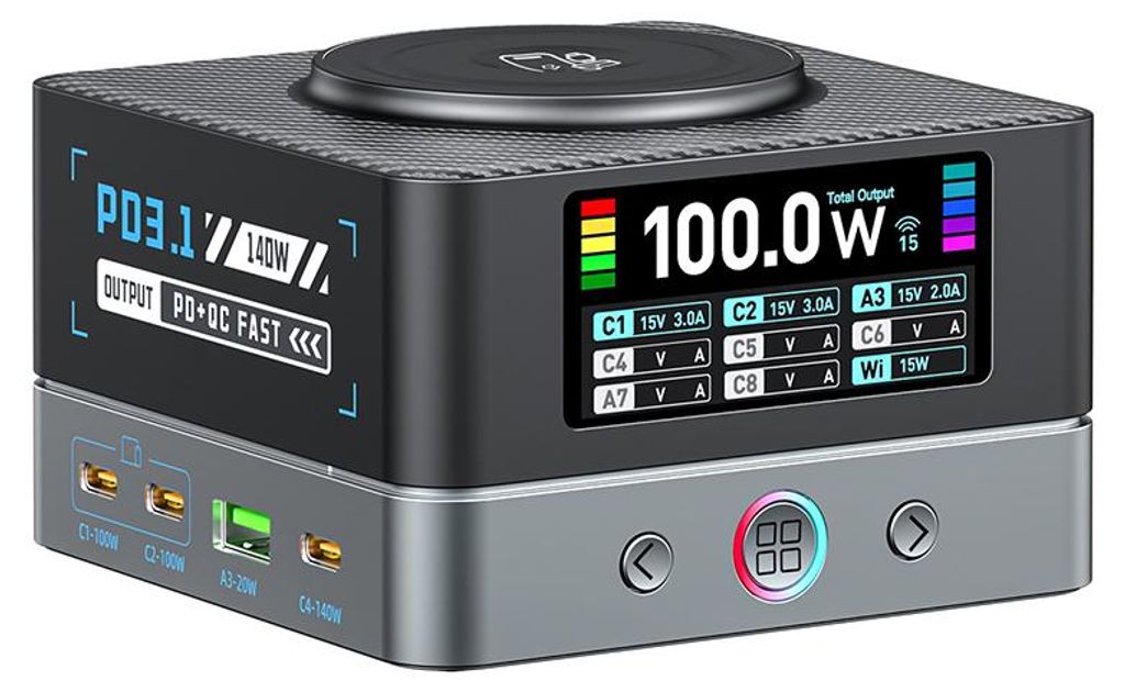 Nabíjecí stanice GaN USB-C, 200W, 9 v 1, s displejem, 6x Obrázek produktu 