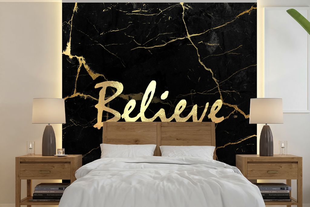 MuchoWow Fototapete für Wohnzimmer oder Schlafzimmer Wandtapete Vinyl Motivtapete Zitat - Hoffnung - Gold - Marmor - 260x260 cm - Papiertapeten