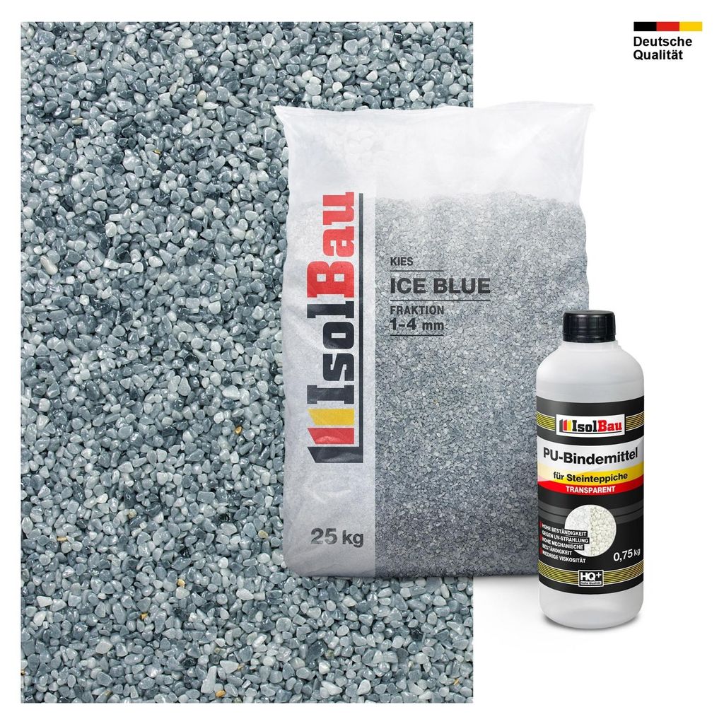 Isolbau Steinteppich Set Marmorkies Ice Blue 1-4 mm 25 kg + Bindemittel Grau bis 2,5 m² Innen Außen