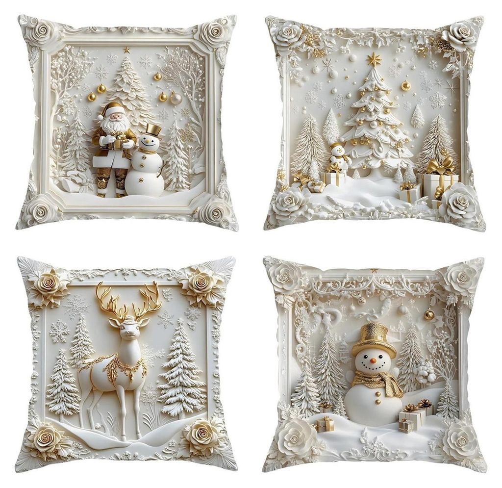 4er-Set Weihnachtskissenbezüge, weiß, mit Weihnachtsmann, Schneemann, Weihnachtsbaum und Rentier – dekorative Weihnachtskissenbezüge für Sofa...
